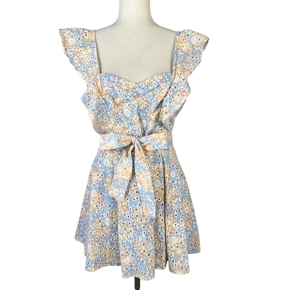 Lovers & Friends Brooklyn Eyelet Tulip Mini Dress Size M Blue Floral Cotton